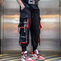 Men's Cargo Pants Casual Hip Hop Hit Color Multiple Pockets Trousers Streetwear Ribbons Techwear Sweatpants