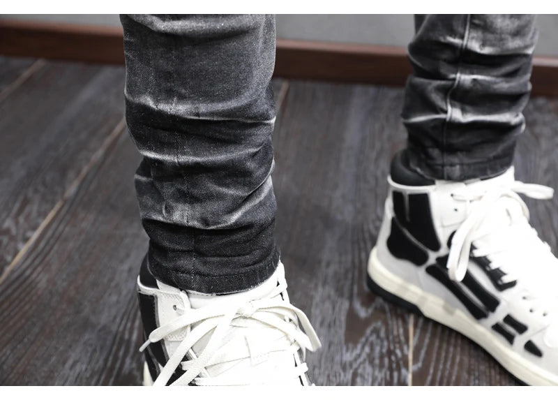 Designer Fashion New High Quality Black Grey Jeans Elastic Slimming Perforated Patch Washed Jeans High Street Hip Hop Brand Pant