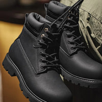 Maden Men's Versatile Black Boots Plush Lining Warmth Shoes Retro Non-Slip Thick Sole Work Boots Outdoor Casual Mid-Calf Boots