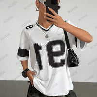 Summer New Black Speed 91 Print T-Shirt For Women V-Neck Patchwork Short Sleeve Sports Football Jersey Y2K Loose Oversized Tops