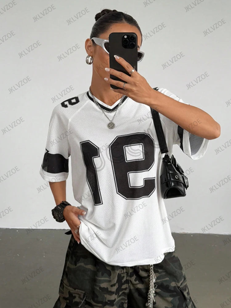 Summer New Black Speed 91 Print T-Shirt For Women V-Neck Patchwork Short Sleeve Sports Football Jersey Y2K Loose Oversized Tops