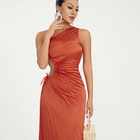 Women Elegant Long Dress Summer Sleeveless One-shoulder Pleated Hollowed Irregular Dress for Cocktail Party Beach Sundress Y2K