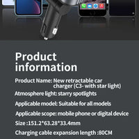 5-in-1 180W Car Fast Charger USB Type-C Power Adapter Retractable Phone Charger With Roof Starlight For IOS Android Phones