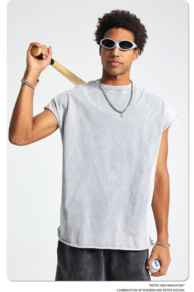 ZODF Trendy Summer Men Batik Washed 275gsm Cotton Tank Tops Unisex Oversized Loose Edge Sleeveless Vests Brand Tees HY1036