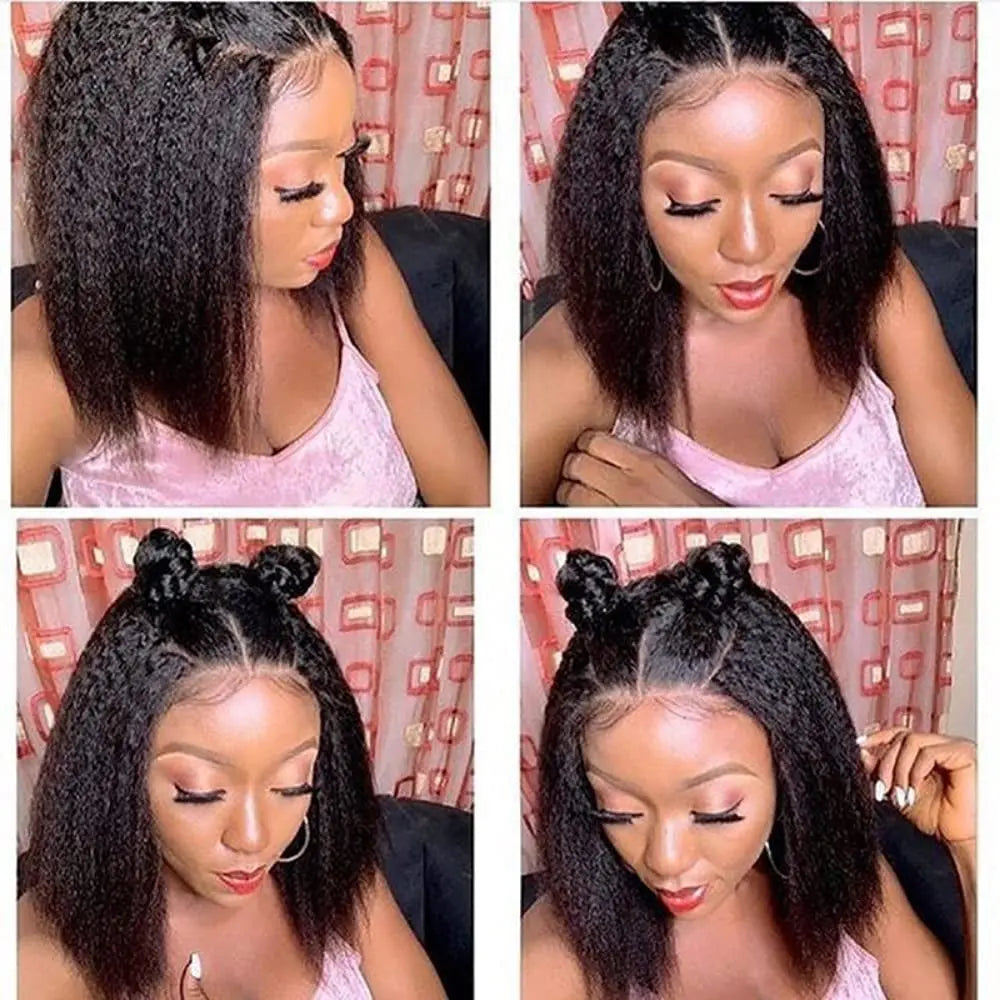 Kinky Straight Short Bob Human Hair Wigs for Women 13x4 Transparent Lace Frontal Peruvain Remy Hair Soft Yaki Straight Bob Wig