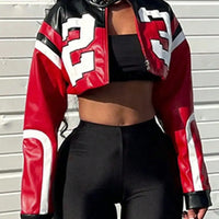 Women's Red Faux Leather Zipper Bomber Jacket - Short Casual Coat for Christmas/New Year Party Outfits