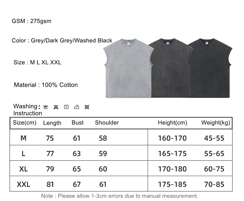 ZODF Trendy Summer Men Batik Washed 275gsm Cotton Tank Tops Unisex Oversized Loose Edge Sleeveless Vests Brand Tees HY1036