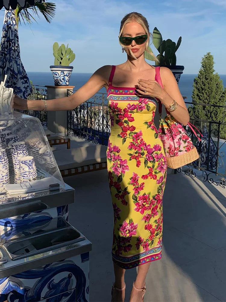 CNYISHE Flower Prints Camisoles Fashion Sheath Sexy Club Hot Girl Women Dresses Colorful Trendy Elegant Lady Female Bodycon