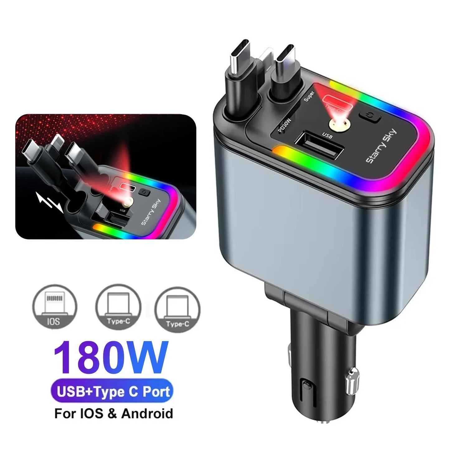 5-in-1 180W Car Fast Charger USB Type-C Power Adapter Retractable Phone Charger With Roof Starlight For IOS Android Phones