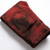 Denim Pencil Pants Men Streetwear Distressed Washed Tie Dyed Jeans Mid Waist Pockets Vintage Straight Ankle Length Trousers