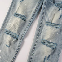 2025 Jeans Man's High Street Blue Ripped Distressed Skinny Jeans Low Rise Denim Trousers Fashion Repair Pants 9003