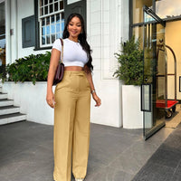 Autumn Casual High Waisted Pants Women Chic Fashion Solid Button Pocket Straight Leg Wide Leg Casual Pants Women