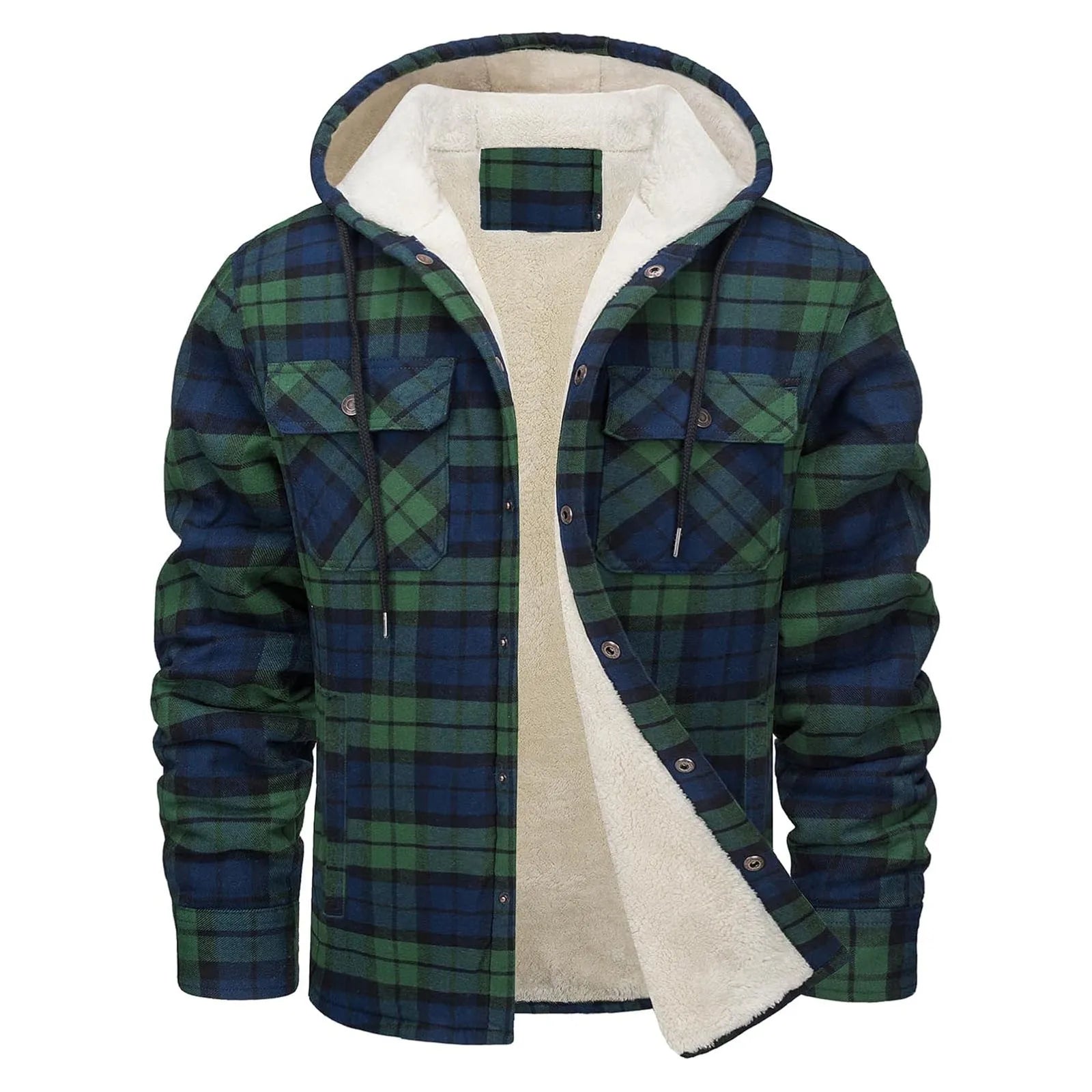 Thick Warm Flannel Hooded Jacket Mens Sherpa Fleece Lined Winter Coats Button Down Fashion Casual Plaid Shirt Jacket With Pocket
