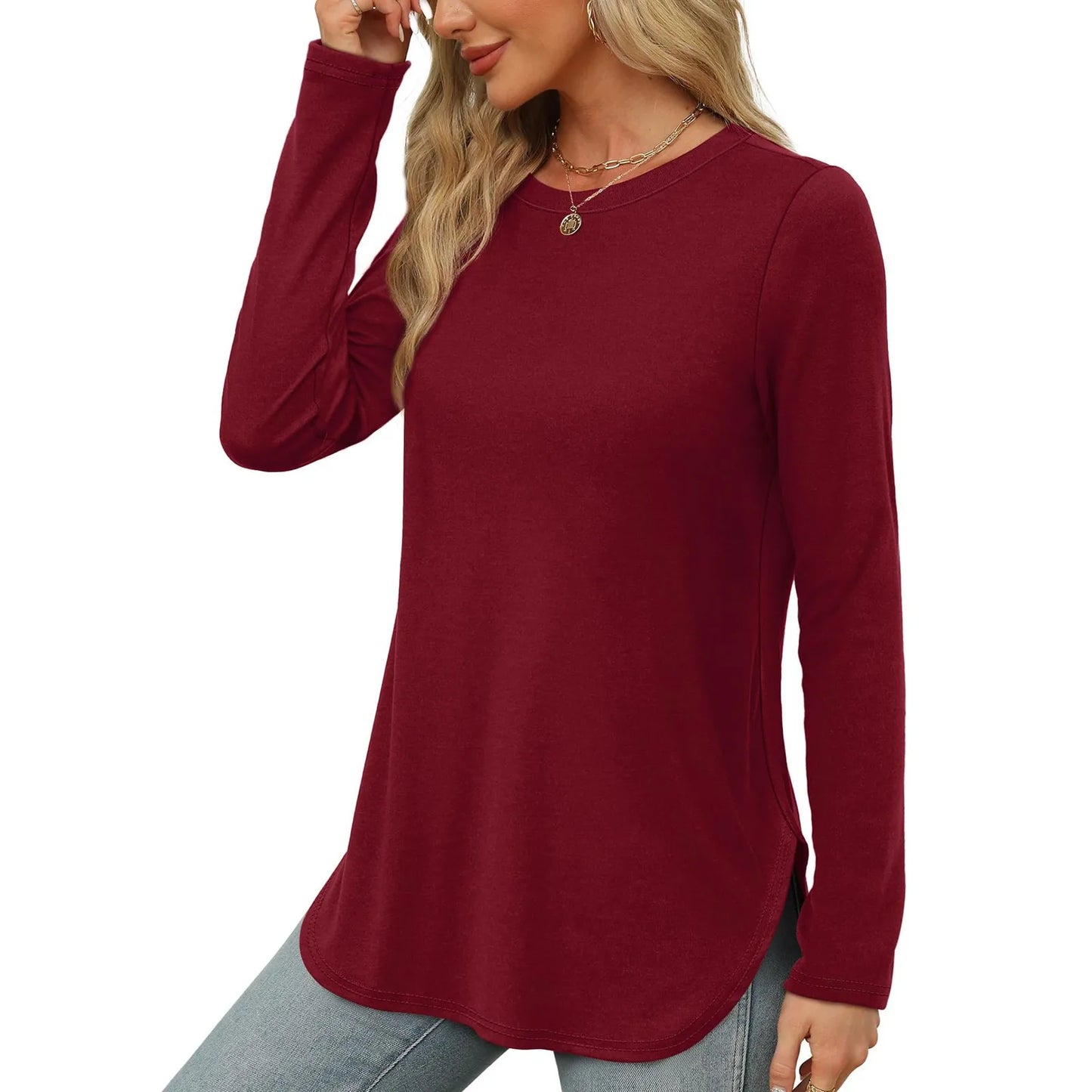 Traf 2024 Mujer Womens Long Sleeve Round Neck Shirts Side Split Basic Loose Tunic Tops Casual Shirts Ropa De Mujer Fashion