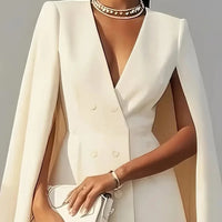 Women Fashion Commuter Solid Blazers Dress Office Double Breasted Waist Party Dress Elegant V-neck Shawl Cape Sleeve Midi Dress