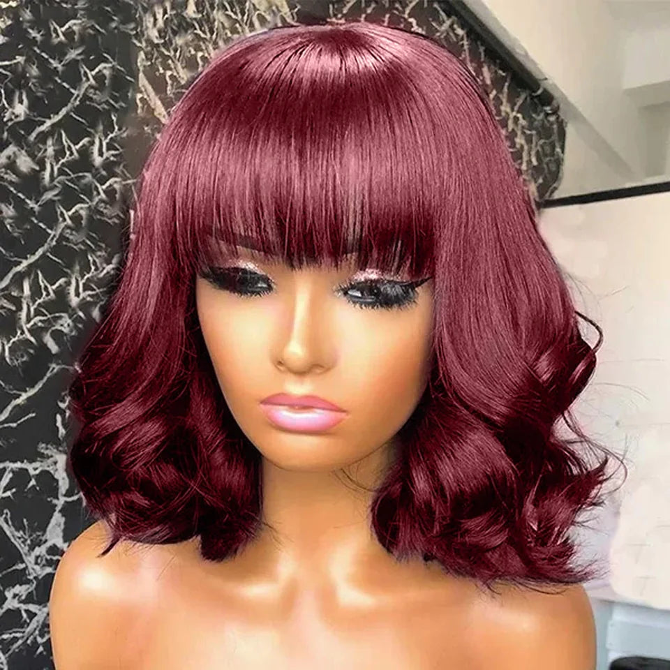 Short Bob Wig Loose Body Wave Wig With Bangs Brazilian Remy 100% Human Hair Wigs For Women Full Machine Glueless Wavy Bob Wigs