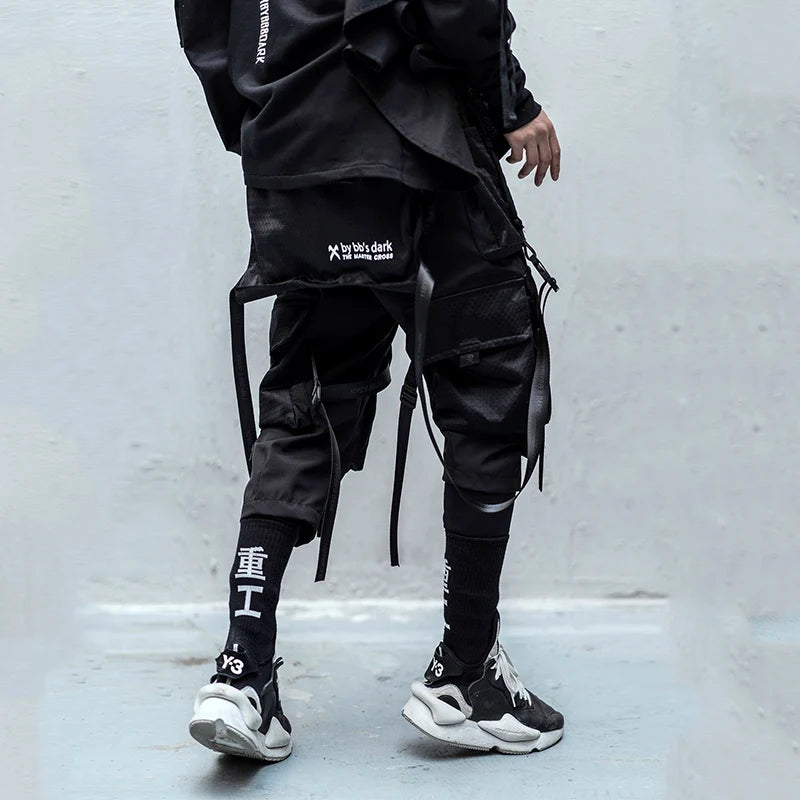 2023 Multi Pockets Tactical Hip Hop Cargo Pants Men High Street Casual Punk Techwear Harem Pants Webbing Buckle Elastic Waist