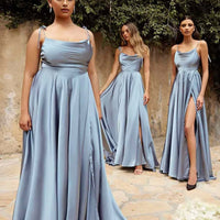 Elegant Women Maxi Beach Satin Dress Sexy Leg Slit Lace up Evening Prom Gown Adjustable Straps Bridesmaid Dresses
