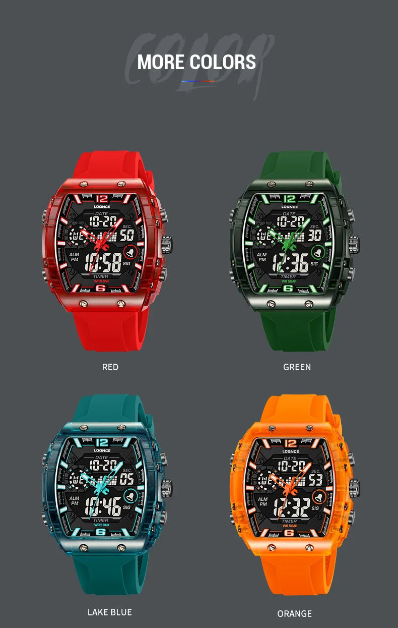 LOQNCE Sports Watches Fashion Men Watches 50m Waterproof Rectangle LED Big Dial Display Digital Watches LED Wristwatches Men
