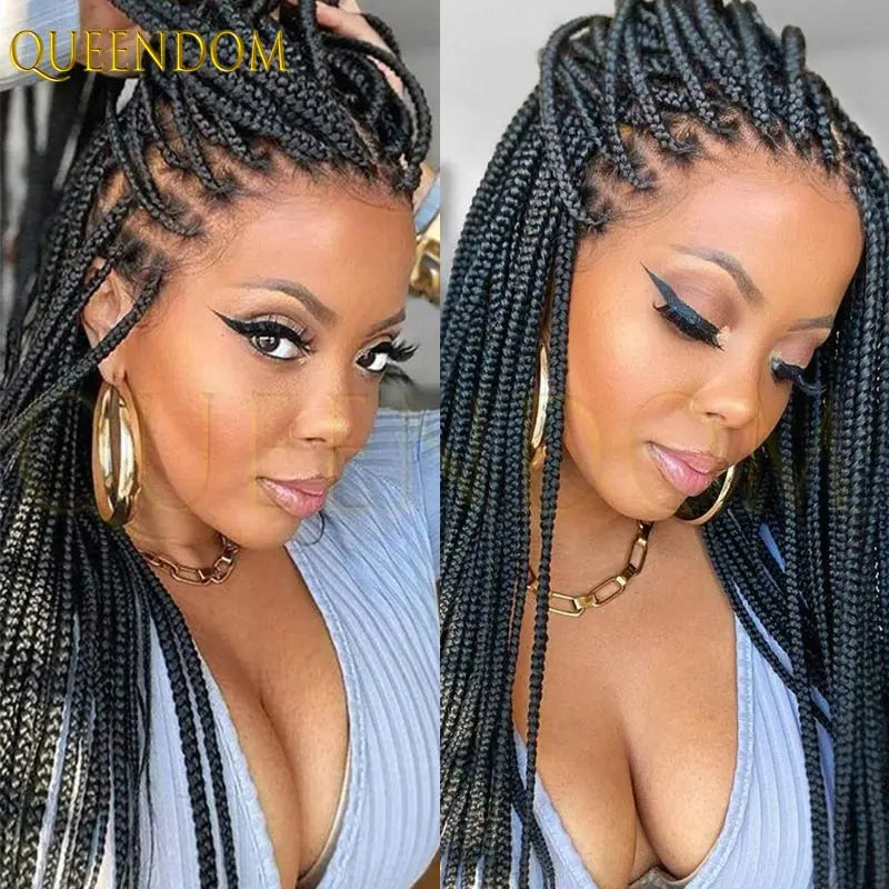 Synthetic 36 Inch Cornrow Braided Wigs for Black Women Full Lace Braids Wig Natural Black Knotless Box Wig Faux Locs Wig