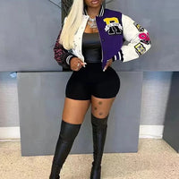 Winter Fall Jacket For Women Coat Trend O Neck Buttons Cropped Top Jacket Patchwork Baggy Blue Female Outerwear varsity jacket