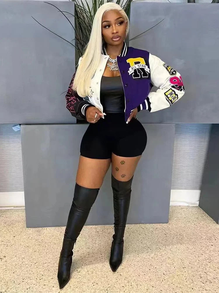 Winter Fall Jacket For Women Coat Trend O Neck Buttons Cropped Top Jacket Patchwork Baggy Blue Female Outerwear varsity jacket