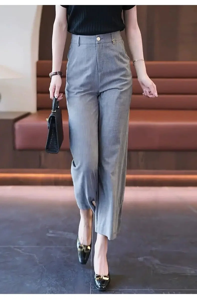 Nine-point Wide-leg Pants for Women in Summer Thin New High-waist Drooping Ice Silk Suit Women's Slim Straight Pants