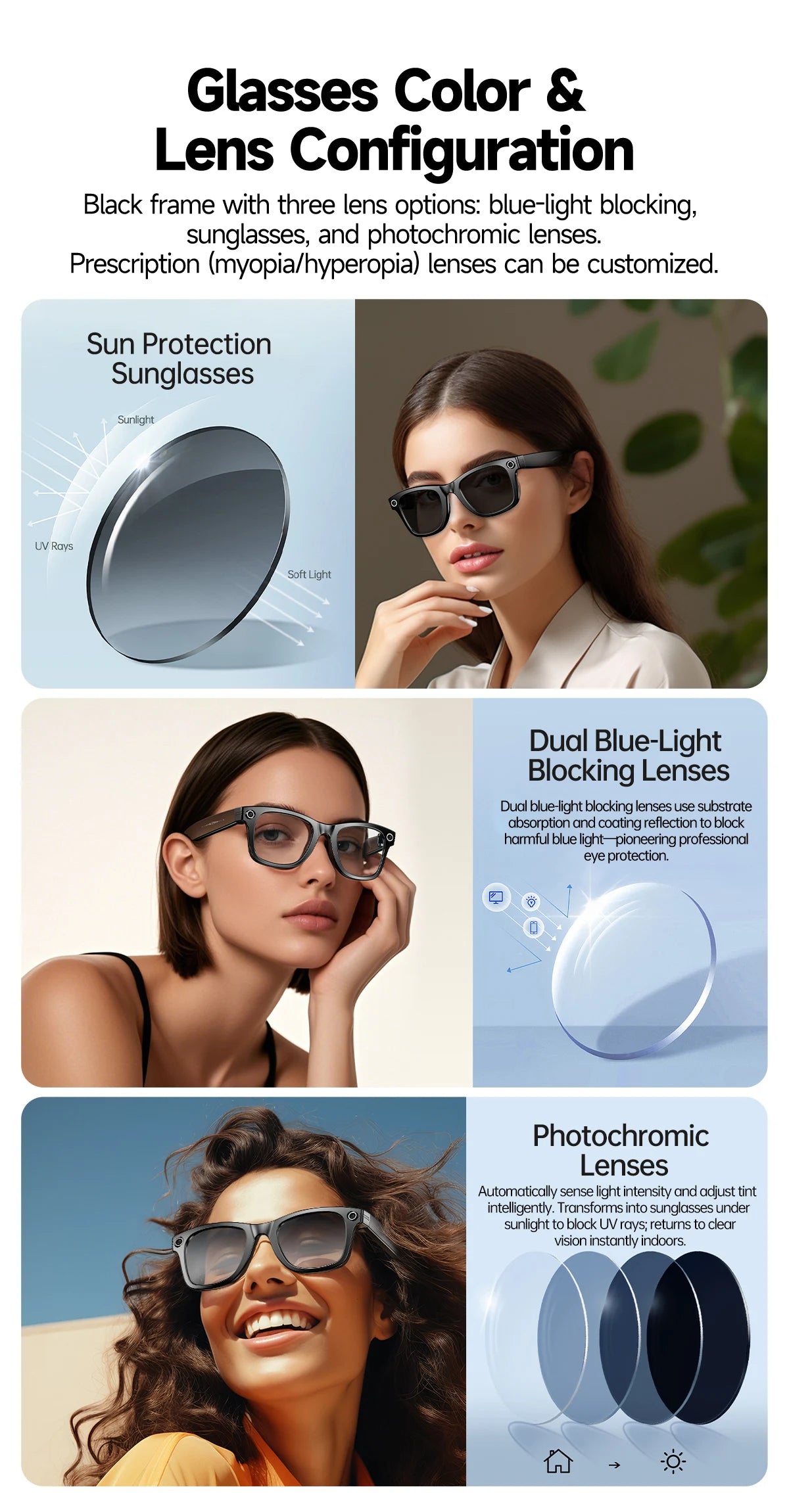 Smart Glasses 8 Million Pixels Recording Videos AI Photo Recognition Answer Translation 270mAh IP65 Waterproof Bluetooth Glasses