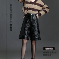 ZUZK  Warm Black PU Leather Thick Bermuda Shorts For Women Winter  Knee Length Shorts Motorcycle Punk High Waist Bermuda Femme