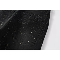 Black Men's American High Street Distressed Rhinestones Patterns Skinny Ripped Button Fly Jeans Pants