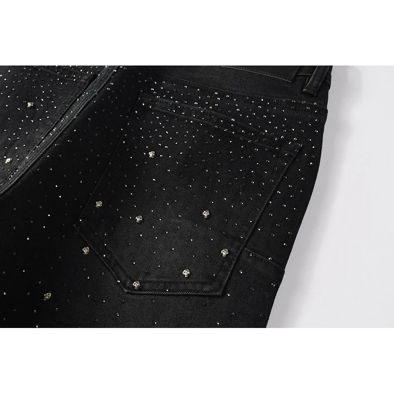 Black Men's American High Street Distressed Rhinestones Patterns Skinny Ripped Button Fly Jeans Pants