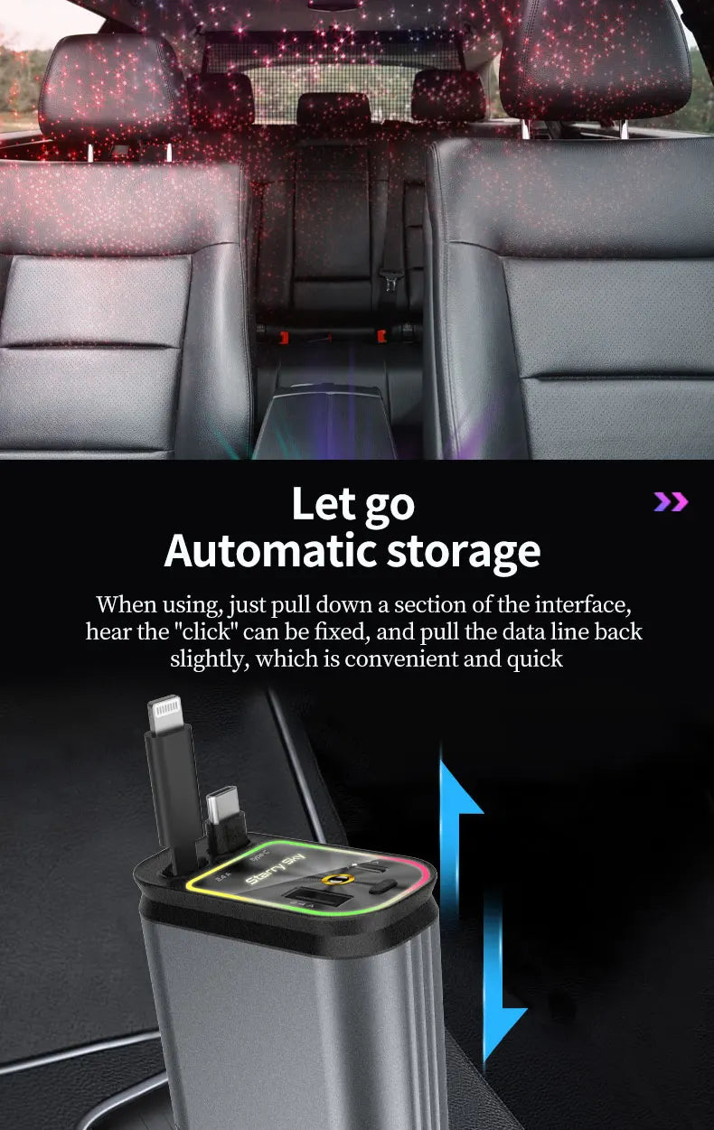 5-in-1 180W Car Fast Charger USB Type-C Power Adapter Retractable Phone Charger With Roof Starlight For IOS Android Phones