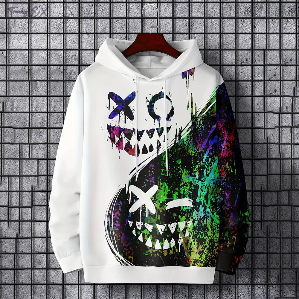 New autumn men's fashionable smiling face design printed soft and comfortable hooded sweatshirt outdoor streetwear