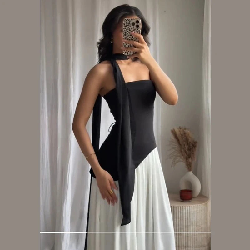 Fashion Contrast Women's V-neck Sling Long Dress For Women Elegant Pleated Backless Sleveless Maxi Dresses Lady Evening Vestidos