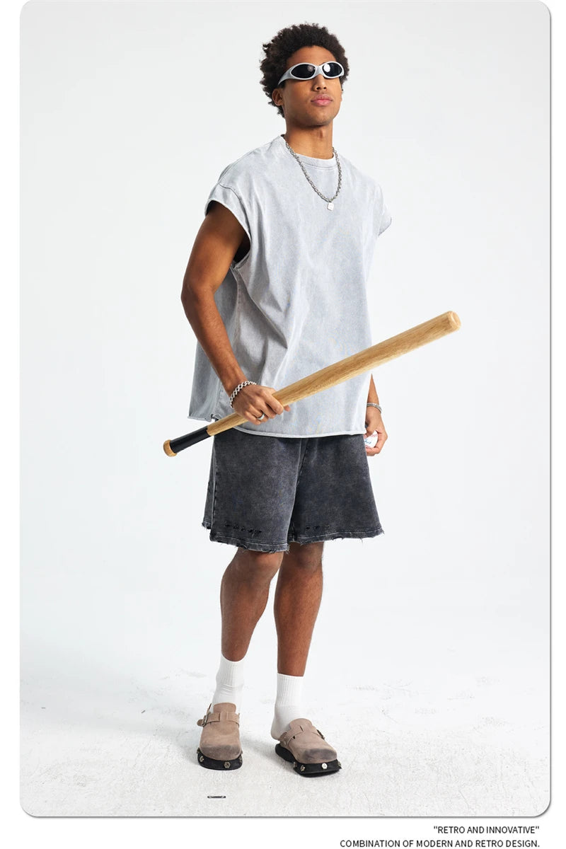 ZODF Trendy Summer Men Batik Washed 275gsm Cotton Tank Tops Unisex Oversized Loose Edge Sleeveless Vests Brand Tees HY1036