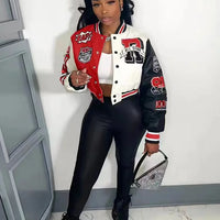 Winter Fall Jacket For Women Coat Trend O Neck Buttons Cropped Top Jacket Patchwork Baggy Blue Female Outerwear varsity jacket