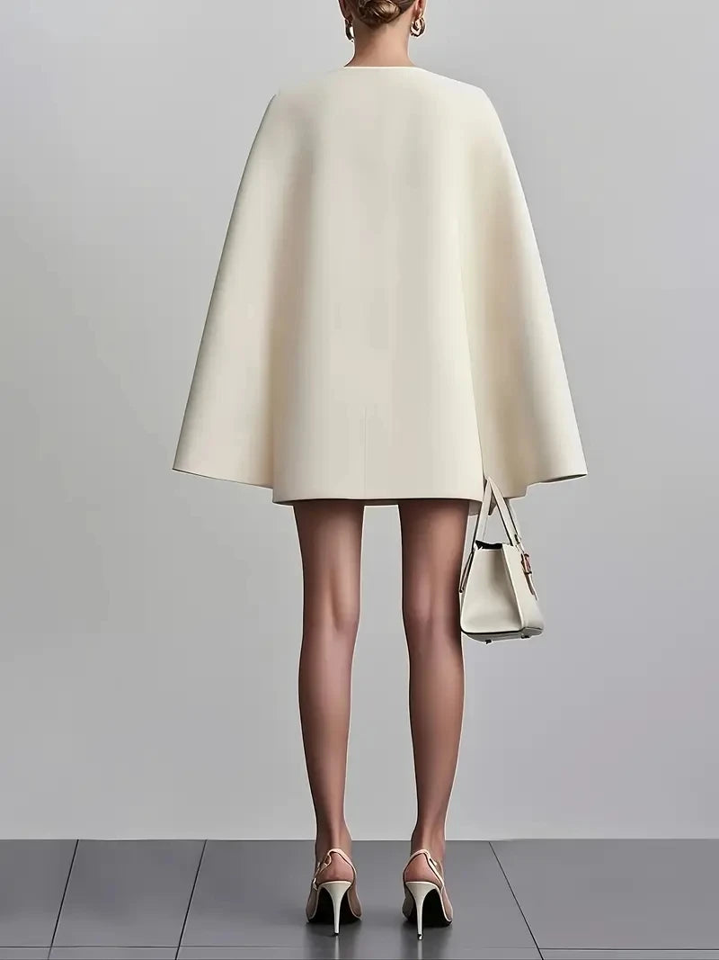 Women Fashion Commuter Solid Blazers Dress Office Double Breasted Waist Party Dress Elegant V-neck Shawl Cape Sleeve Midi Dress