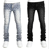 Men's denim fashion personality straight leg men's pants European and American fashion Instagram hot item elastic pearl denim la