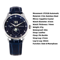 Sugess Moonphase Watch of Men 40mm Automatic Mechanical Wristwatches Origin ST2528 Movement Stainless Steel Blue Sandstone Dials