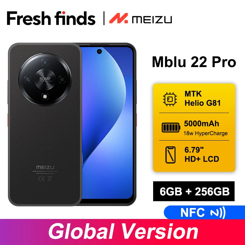 2025 New Global Version Meizu Mblu 22 Pro Smartphone 50MP Main Camera 120Hz 6.79'' LCD 5000mAh Battery 18W Fast ChargerNFC