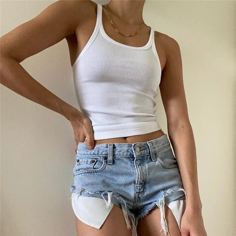 White Sleeveless Cami Top for Women Casual Ribbed Crop Fitness Tees Basic Summer Fashion Ladies 2024