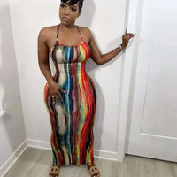 CM.YAYA Tie Dye Print Halter Open Back Maxi Dress Women Bodycon Sleeveless Splited Back Pencil Midi Long Dresses Summer 2021