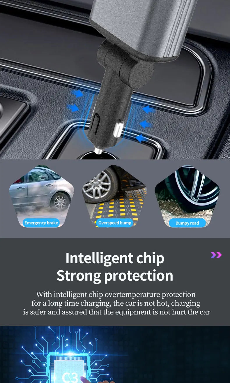 5-in-1 180W Car Fast Charger USB Type-C Power Adapter Retractable Phone Charger With Roof Starlight For IOS Android Phones