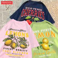 Summer Lemon Cherries Prints T-Shirts Cotton Women's Tops Oversize O-Neck Soft Short Sleeve tees Street Casual Womans Clothes