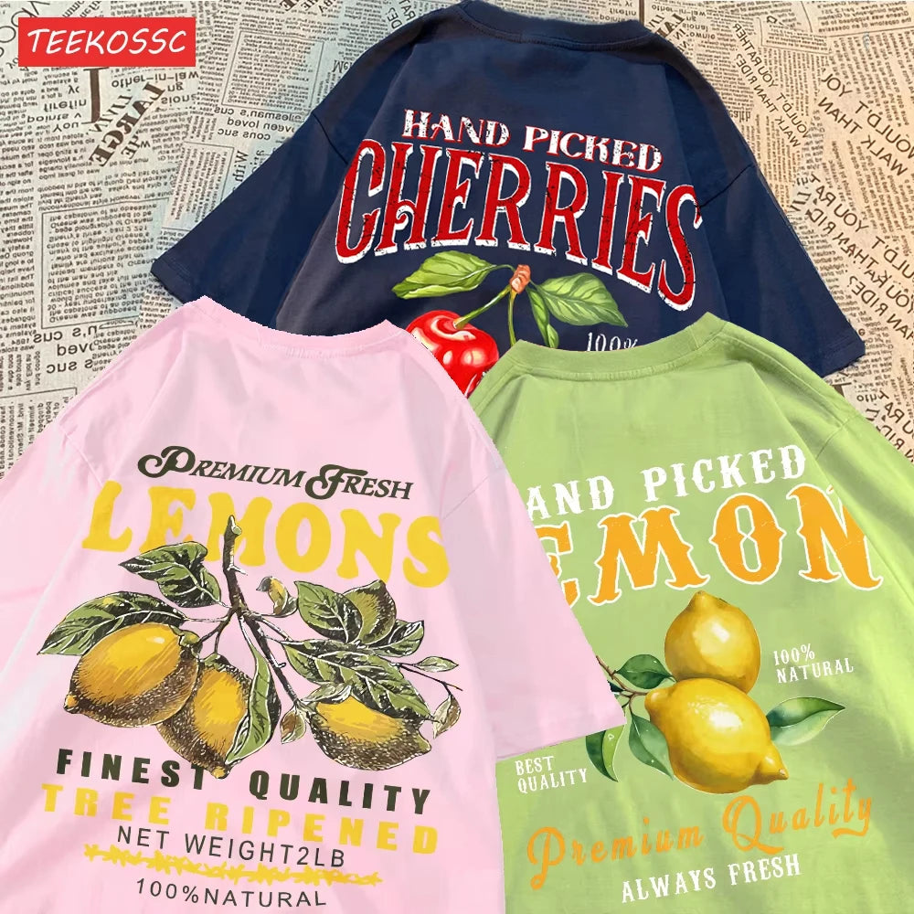 Summer Lemon Cherries Prints T-Shirts Cotton Women's Tops Oversize O-Neck Soft Short Sleeve tees Street Casual Womans Clothes