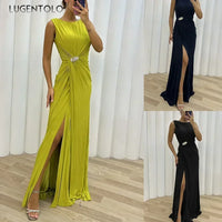 Women Sexy Dress New Sleeveless Solid Party Slim Empire Split Female Elegant Round Neck Fashion Long Clothing