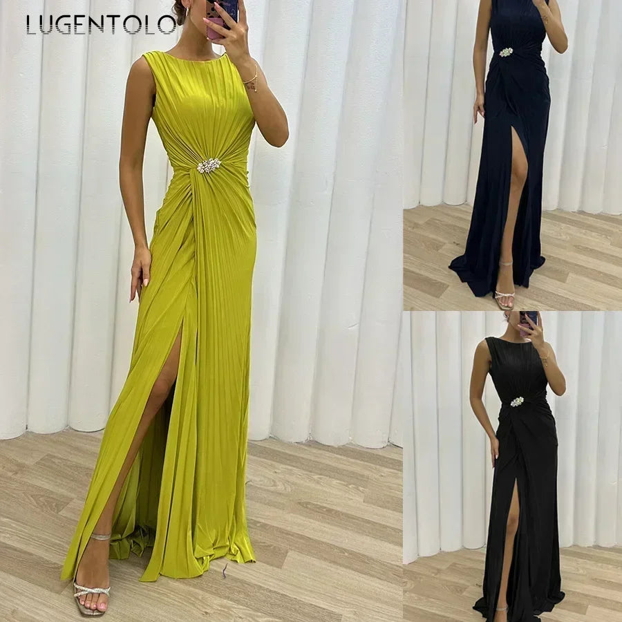 Women Sexy Dress New Sleeveless Solid Party Slim Empire Split Female Elegant Round Neck Fashion Long Clothing