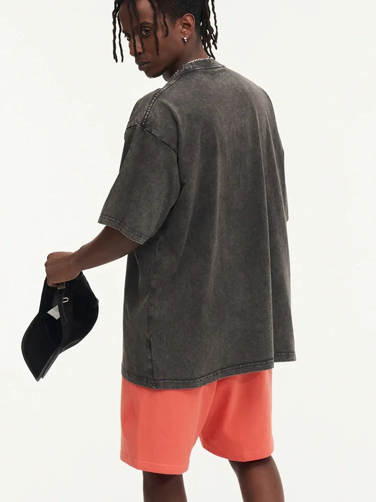 Summer men's washed T-shirt women's cotton loose round neck oversized T-shirt men's Korean Y2k top casual retro