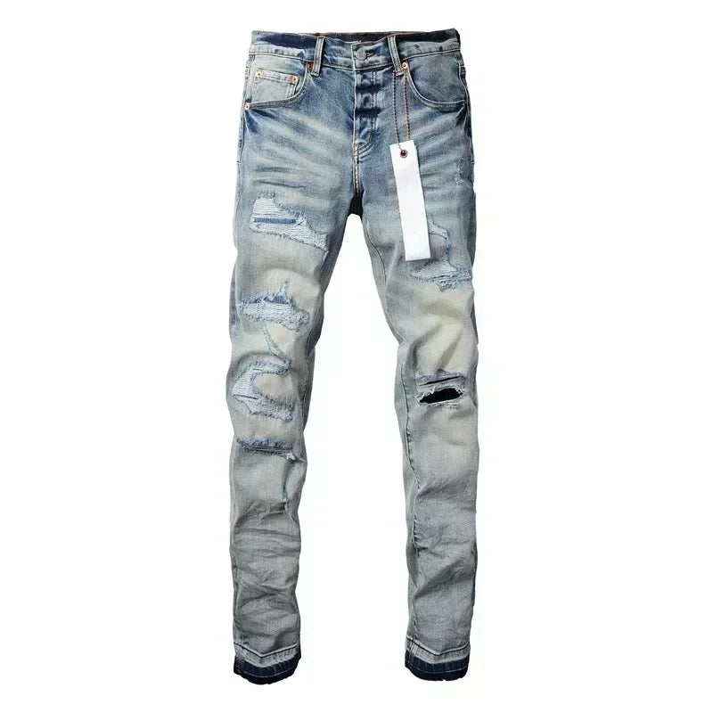 2025 Jeans Man's High Street Blue Ripped Distressed Skinny Jeans Low Rise Denim Trousers Fashion Repair Pants 9003