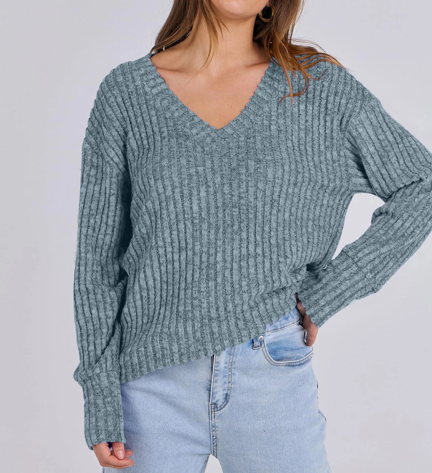 Women's Long Sleeve V-Neck T-Shirt Pit Stripe Milled Fashion Temperament Top